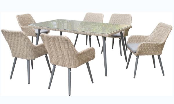 Outdoor Steel Wicker Glass Table And Chairs With Cushion Set Of 7