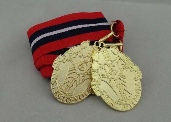 Red White Black Long Ribbon Medals Iron Die Stamping Gold Plating 2.0mm Thickness