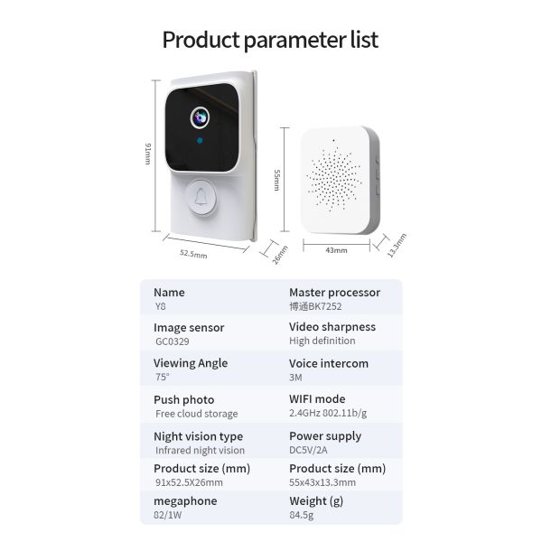 2 Way Intercom Smart Home Security Package 1080p Doorbell Camera 800mAh Battery 75° Wide Angle
