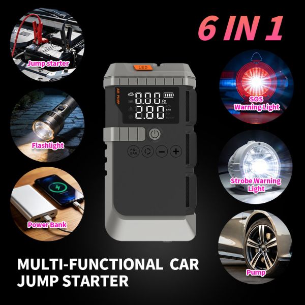 8000mAh 6-in-1 Jump Starter with 150 PSI Air Compressor and Emergency Lights for Car Battery Boosting