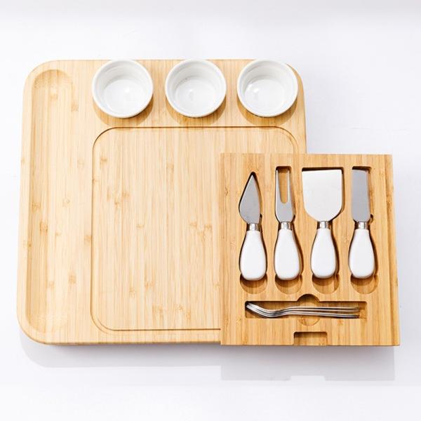 Bamboo Cheese Board and Knife Set Eco-friendly Charcuterie Board with 3 Ceramic Bowls