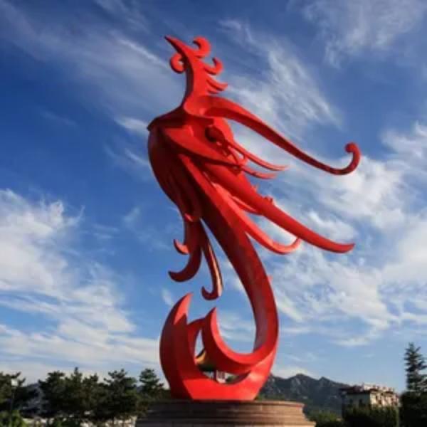 Outdoor Red Phoenix Bird Sculpture Large Abstract Garden Metal Animal Statue
