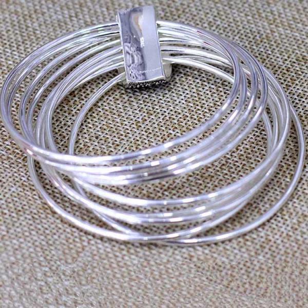 Women Nine Rows 925 Sterling Silver Marcasite Charm Bangle Bracelet(SY50013)