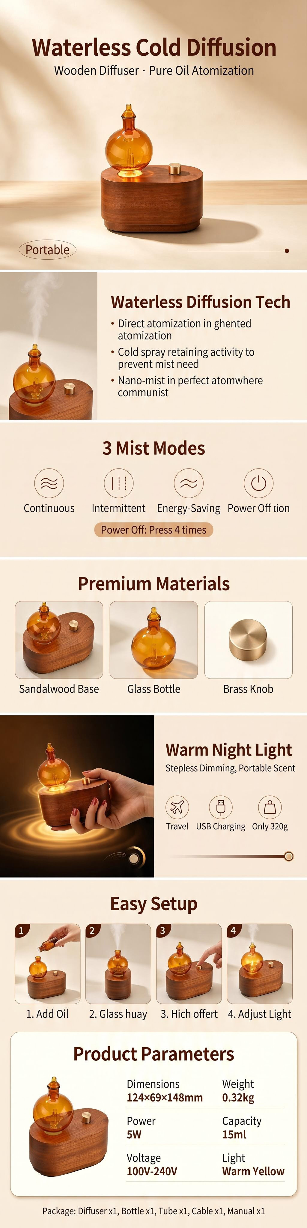 Rechargeable Wood Aroma Diffuser with Cold-air Diffusion and 8000 Hours Service Life for Aromatherapy
