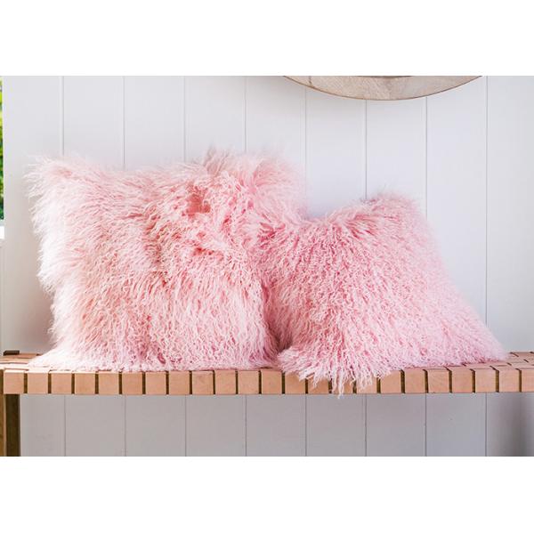 Living Room 16 Inch Mongolian Fur Pillow Long Curly Hair With Micro Suede Lining