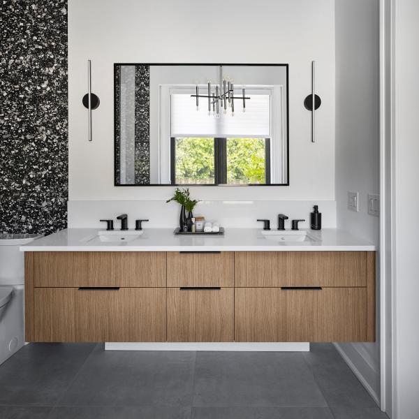 Wood Grain Floating Bathroom Vanity Luxury Hotel Marble Vanity Mirror Cabinet