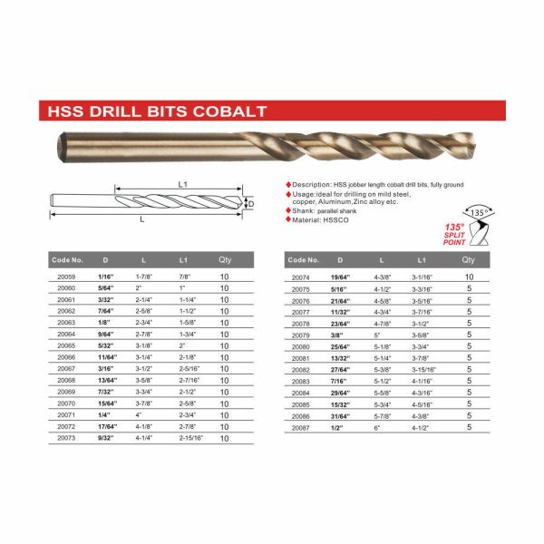 M35 HSS Twist Drill Bits 5% Cobalt M35 Precision Drill Bits For Wood