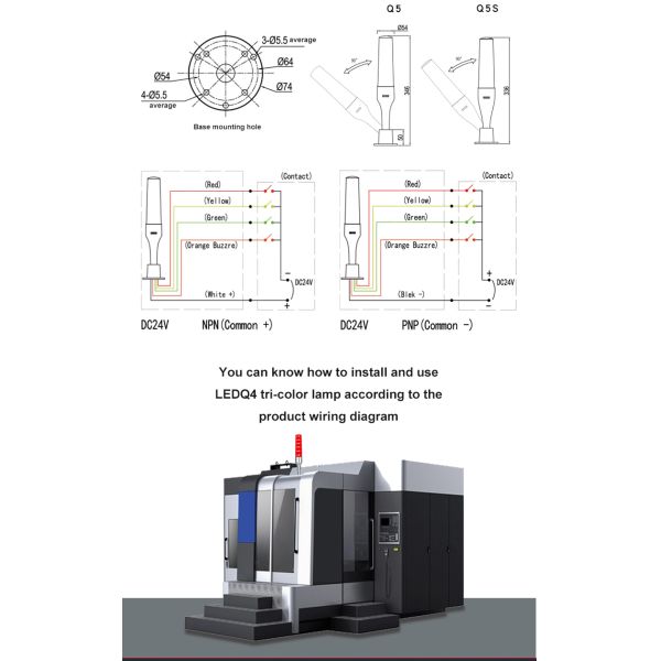 Lampe tour d'avertissement LED 24V avec 80lm/W, angle de faisceau de 360° et clignotement multicolore