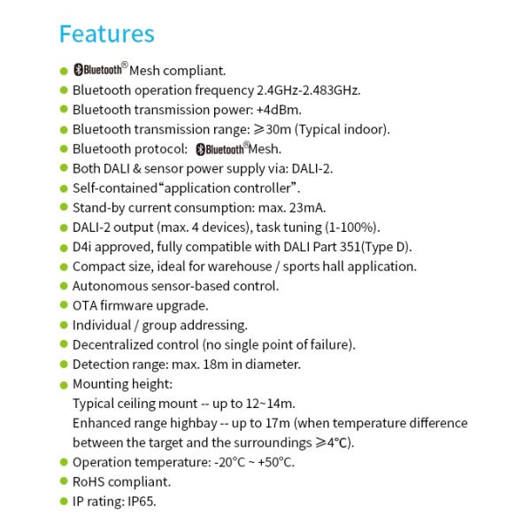 Zhaga Book20 Based SILVAIR BLE Mesh PIR Motion Sensor, DALI-2 Output, D4i compliant, Self-Contained 