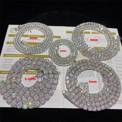 VVS Moissanites Tennis Diamond Necklace Hip Hop 925 Sterling Silver 2mm 3mm 5mm 6.5mm