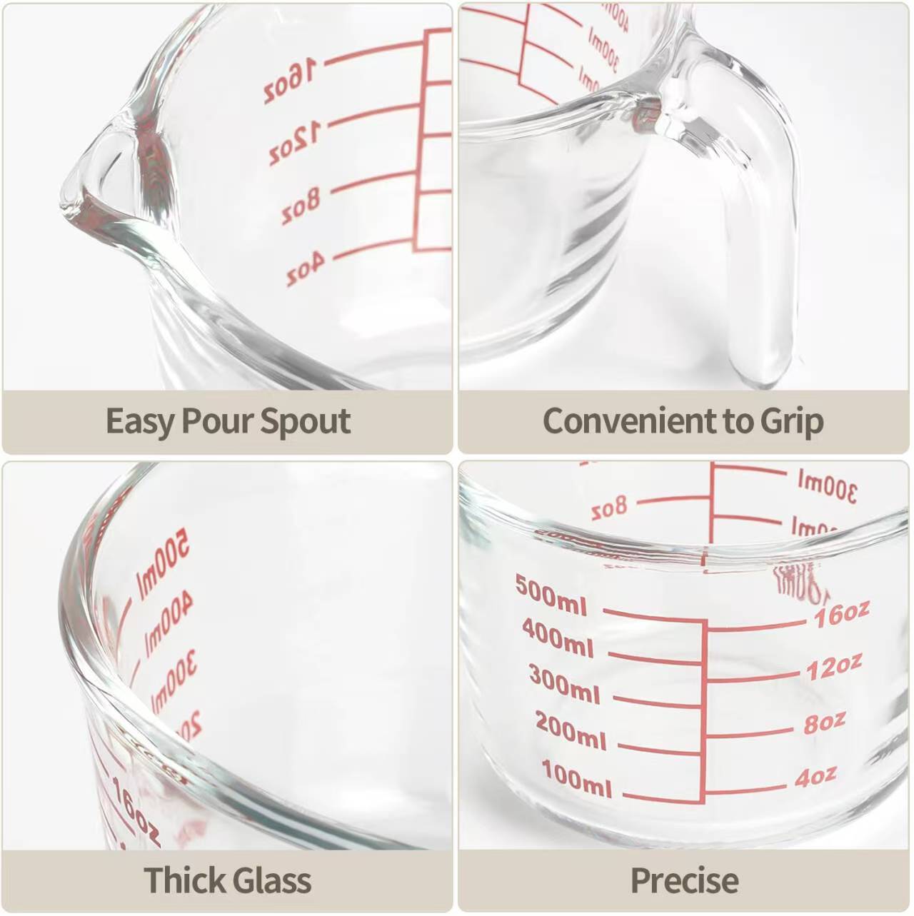 IKOO High Borosilicate Glass Measuring Cup Set with 250ml, 500ml, 1000ml Capacity and Heat Resistant for Baking and Cooking