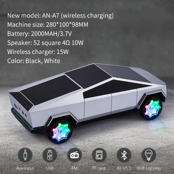 Tesla Cybertruck Blue tooth Speaker RGB lights Car model 15W Wireless Charging Charger Car Shape Speaker With BT/FM/TF/USB/AUX