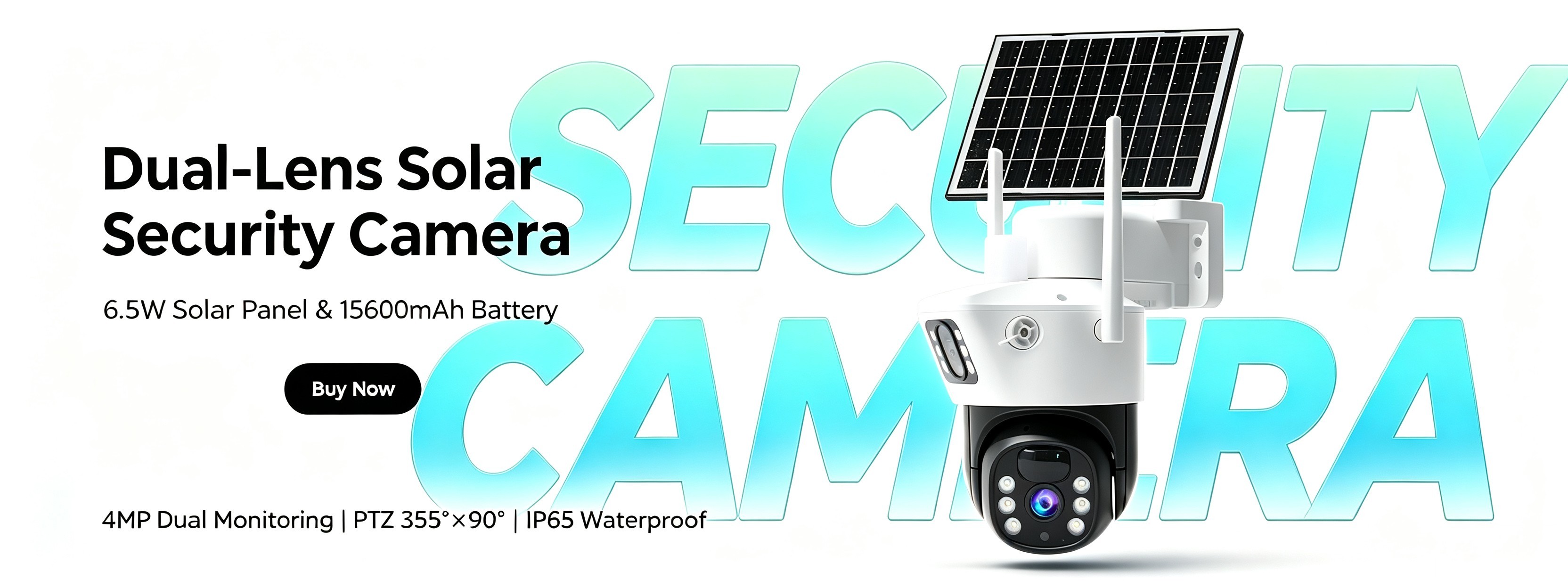 4MP Dual‑Lens Solar Security Camera, Wireless WiFi PTZ Camera with 6.5W Solar Panel 15600mAh Battery, 355° Pan 90° Tilt, PIR Human Detection, Two‑Way Audio, IP65 Waterproof Outdoor Surveillance Camera