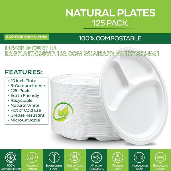 Compostable Disposable Paper Plates 10 Inch Heavy Duty, Eco-Friendly 9 Natural Disposable Paper Plates 3 Compartment