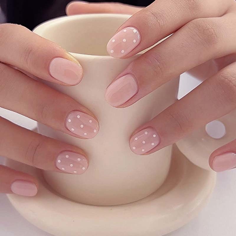 White Polka Dot Pattern False Nails Short Squoval Nude Pink Press On Nails