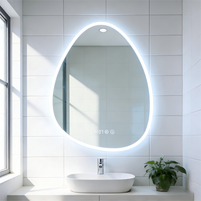 Kingstin Frameless LED Bathroom Mirror, Droplet Shape, Anti-Fog, Dimmable 3-Color Light, Smart Time Display, Wall Mounted