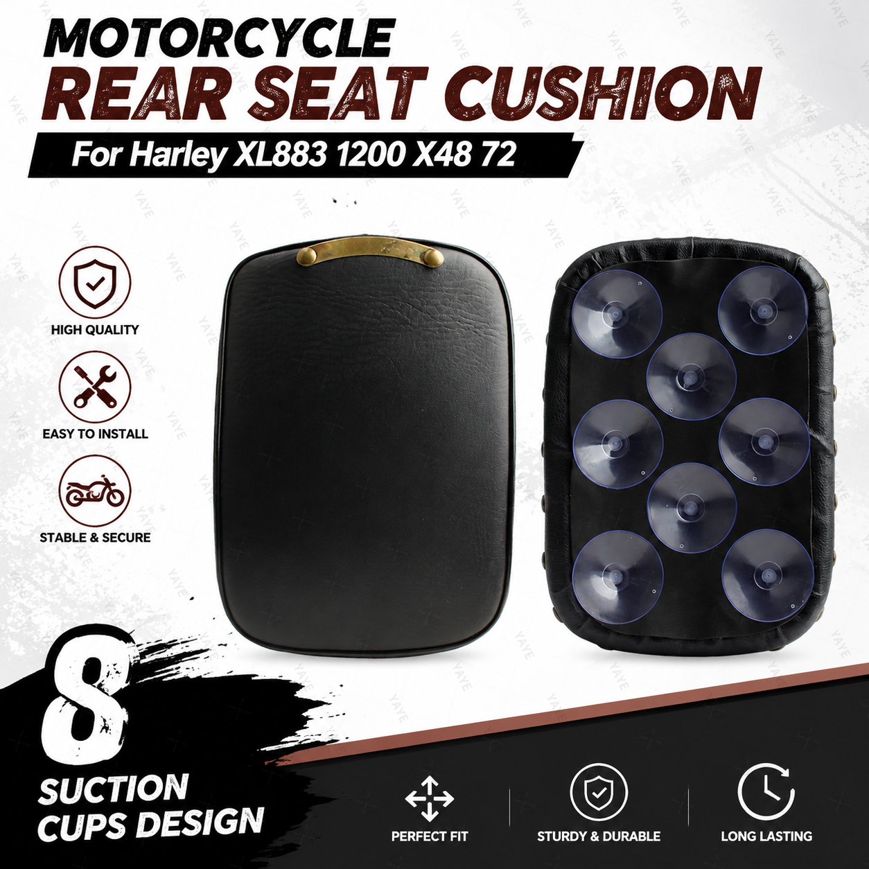 Motorcycle seat, black and brown vintage studded rear seat cushion, rear passenger cushion seat, 8 suction cups, for Harley Sportster Dyna Custom Chopper.