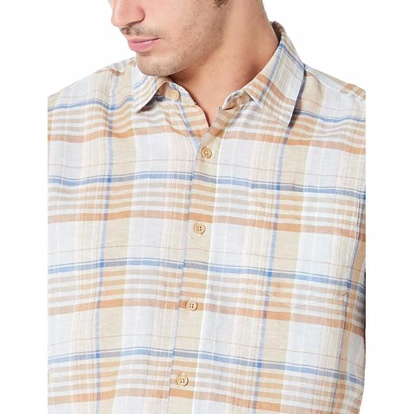 Beige Plaid 48% Cotton Mens Casual Linen Shirts Pointed Collar Long Sleeve
