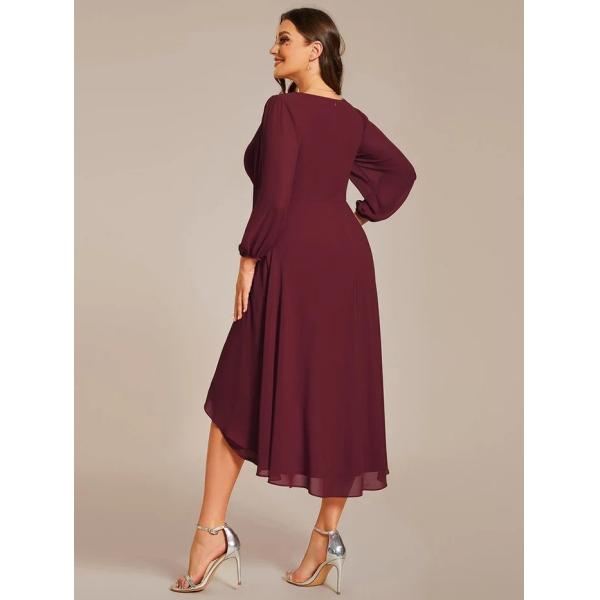 Elegant Empire Long Sleeve V-neck High Low A-line Ruffled Midi Burgundy Chiffon Wedding Guest Cocktail Dress