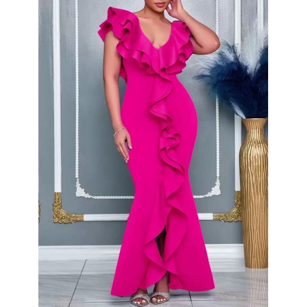 Elegant Fitted Mermaid Gown with Ruffle V-Neck and Soft High-Quality Fabric for Weddings & Parties