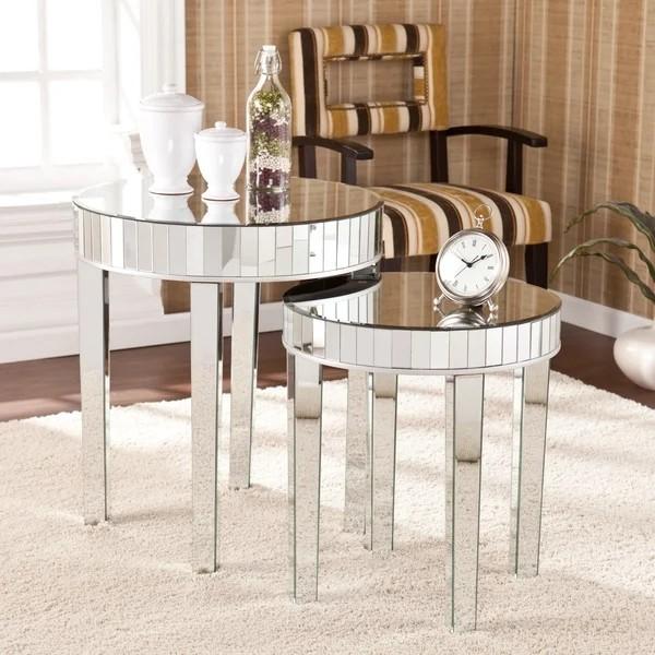 2 pieces set mirrored nesting table round side table for living room
