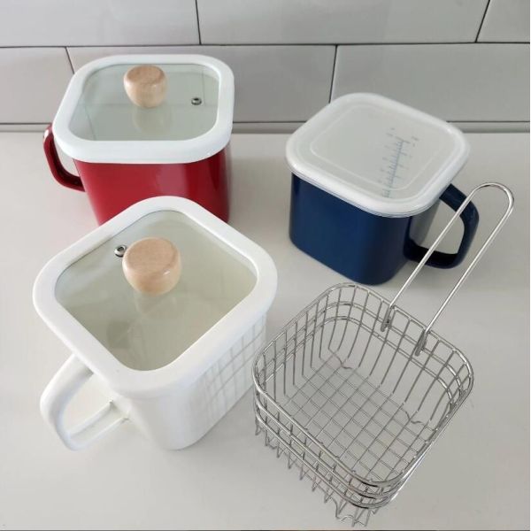 Eco Friendly 390g Kitchenware Enamel Square Pot With Frying Basket Daily Use