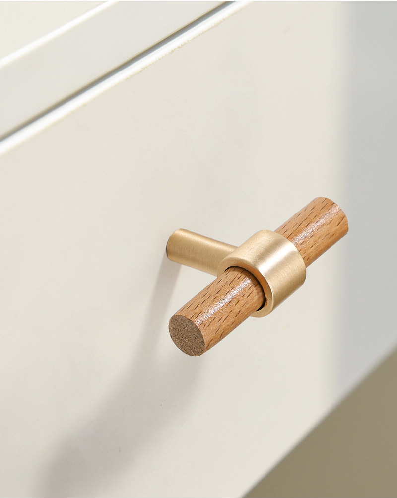 Nordic Gold Minimalist Beech Wood Cabinet Door Handle with Long Brass Pull Natural Wood Style for Wardrobe or Drawer