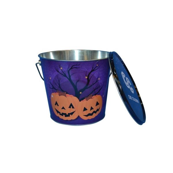 Decorative Tinplate Metal Bucket Popcorn Packaging Container with Handle