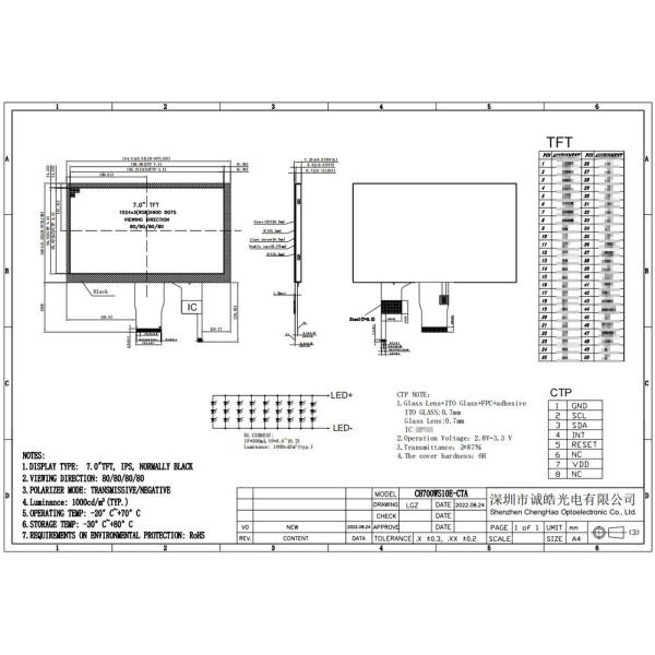 IPS TFT Display Touch Screen 7 Inch 1024x600 Pixels RGB Color Lcd Panel
