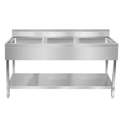 Mesas de trabalho de aço inoxidável de tripla tigela com lavatório / Mesa de SS com lavatório