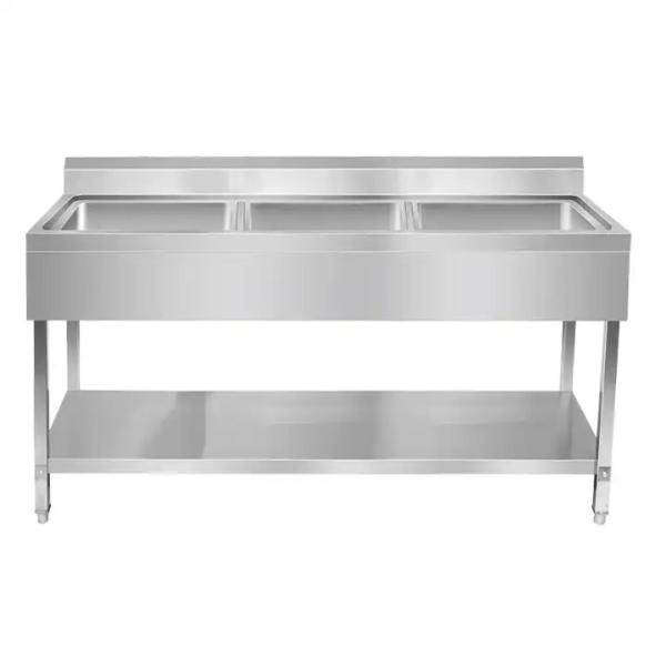 Mesas de trabalho de aço inoxidável de tripla tigela com lavatório / Mesa de SS com lavatório