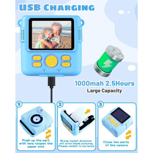 1080P HD Kids Digital Camera 2.4 inch Screen Size Instant Print 32G SD Card 3 Rolls Photo Paper Perfect Birthday Christmas Gifts for 6-12 Boys Girls