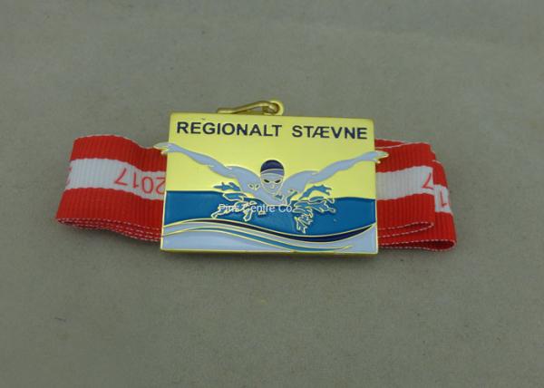 Customized Swimming Sports Medals , Gold Plating Ribbon Medals By Brass Die Struck