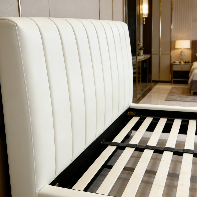 Sturdy Solid Frame Cream Upholstered Platform Bed with Slatted Base