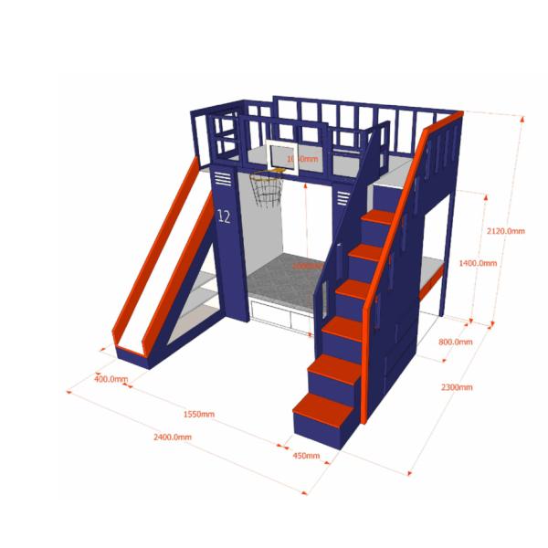 Customized Safe Children Furniture Solid Wood and MDF Bunk Bed for Kids Bed Blue for Boy with Basketball Hoop and Slide