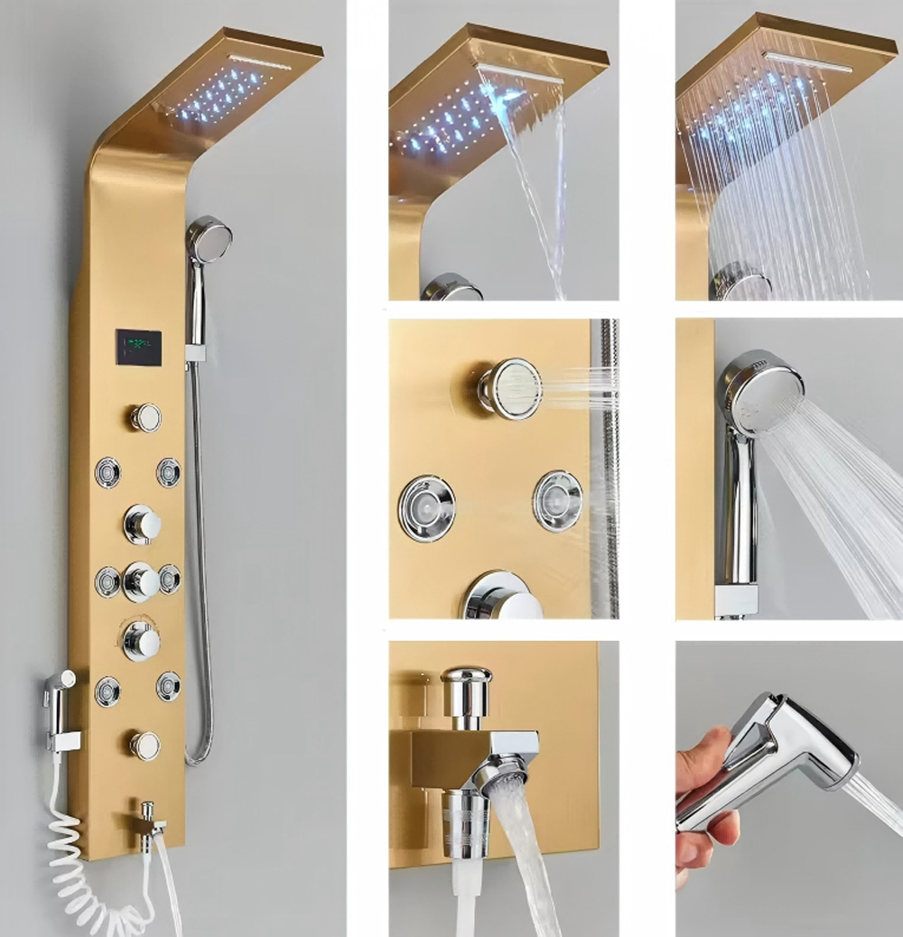 Modern Stainless Steel Luxury Bathroom Shower Panel 6-Spray Rain Shower with LED light & digital screen