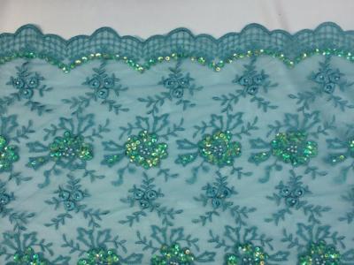 Green Scalloped Beaded Lace Fabric By The Yard For Wedding Bridals / Gowns