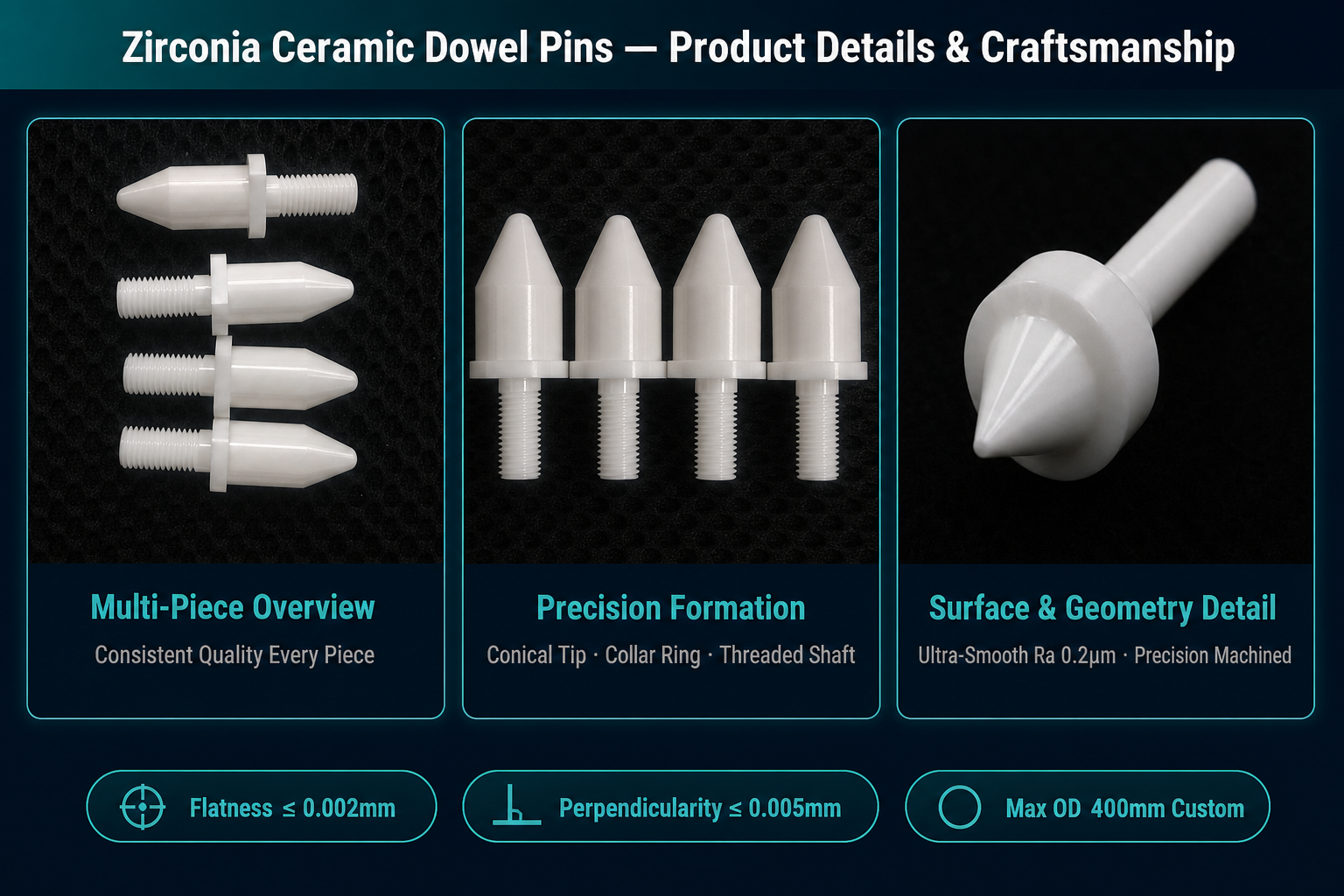 High Precision Zirconia Ceramic Dowel Pins 3Y-TZP 8Y-FSZ Flatness 0.002mm OEM Custom Max OD 400mm