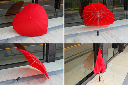 Windproof Red Heart Shaped Wedding Umbrella Creative With16 Sturdy Fiberglass Ribs