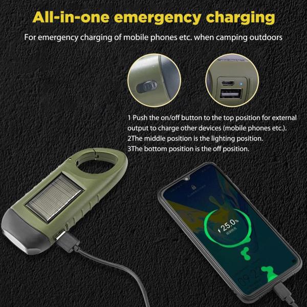 LED Solar Powered Flashlight USB Charging Hand Crank Dynamo Flashlight Survival Gear Fishing Flashlight Clip for Outdoor