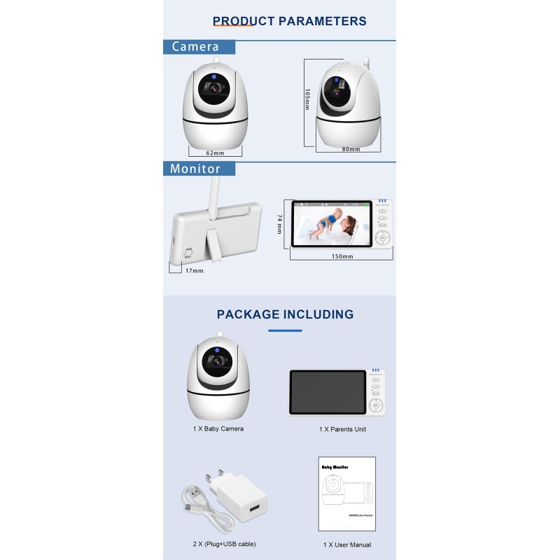 Smart Video Baby Pet Monitor PTZ Camera 5.0 Inch Screen 300M Talking Range Sleep IR Night Vision Two-Way Audio Music Talk-Back
