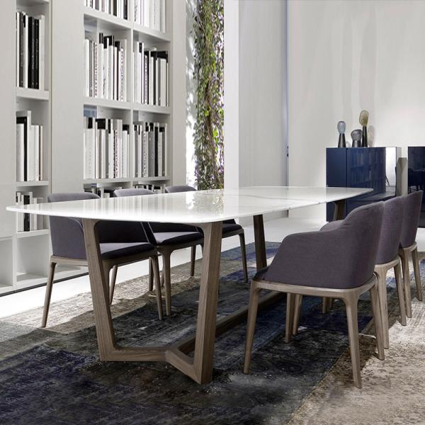 Shiny Surface Marble Top Dining Room Table With Solid Wood Base