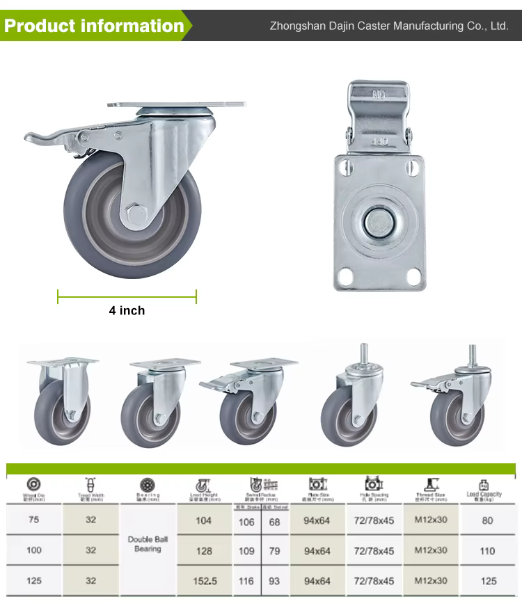 Medium Duty 5 Inch 125MM Castors Stainless Steel Solid Wheel TPR Rubber TPR Grey Casters