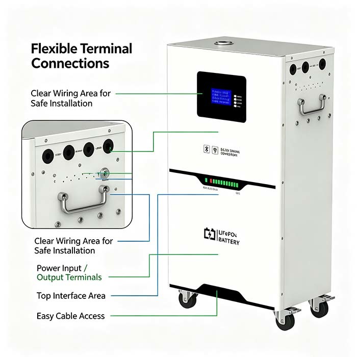 Mobile 5.12kWh LiFePO4 Energy Storage Battery, LCD Display, BMS Protection