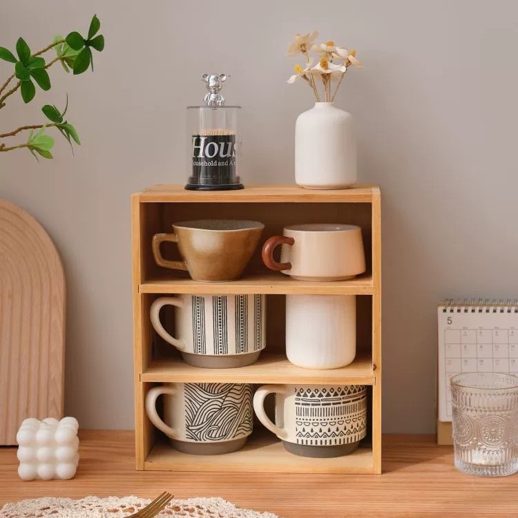 Solid Bamboo Desktop Storage Box with Dust-proof Feature Multi-layered for Office or Living Room for Cup Coffee Tea Pot Use