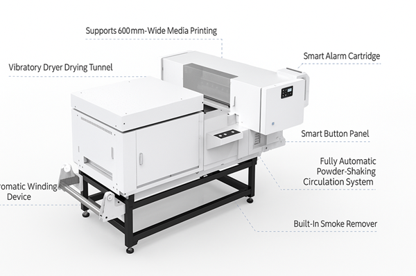 600mm 60cm  Wide Fully Automatic DTF Printer With Integrated Powder Shaking, Drying & Curing System | Smart Control, Auto Winding, Built-in Smoke Removal
