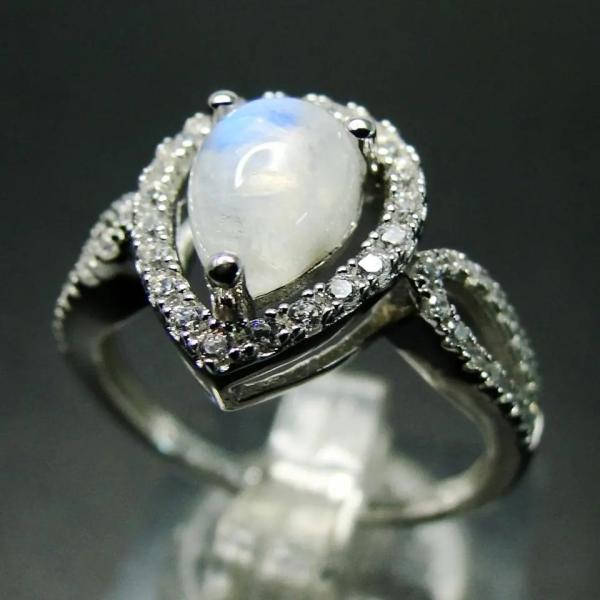 Серебр колец 925 CZ захвата Moonstone радуги стерлинговый