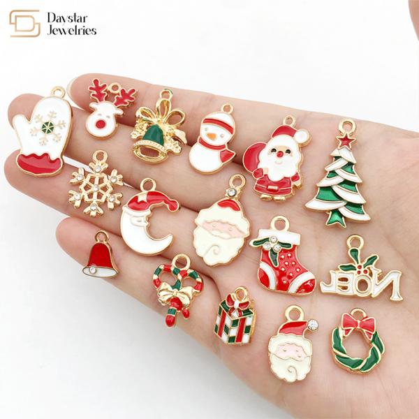 Pingente de Natal de esmalte dourado, pingentes de metal faça você mesmo joias para fazer
