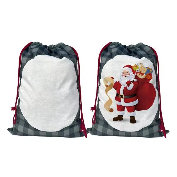 Sublimation Christmas Blanks Santa Sack Drawstring Buffalo Plaid Linen Sublimation Christmas Sacks Sale