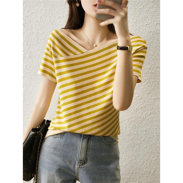 Fashion Striped Knitted Tshirt V Neck Casual Tee Shirt for Women's Occasion